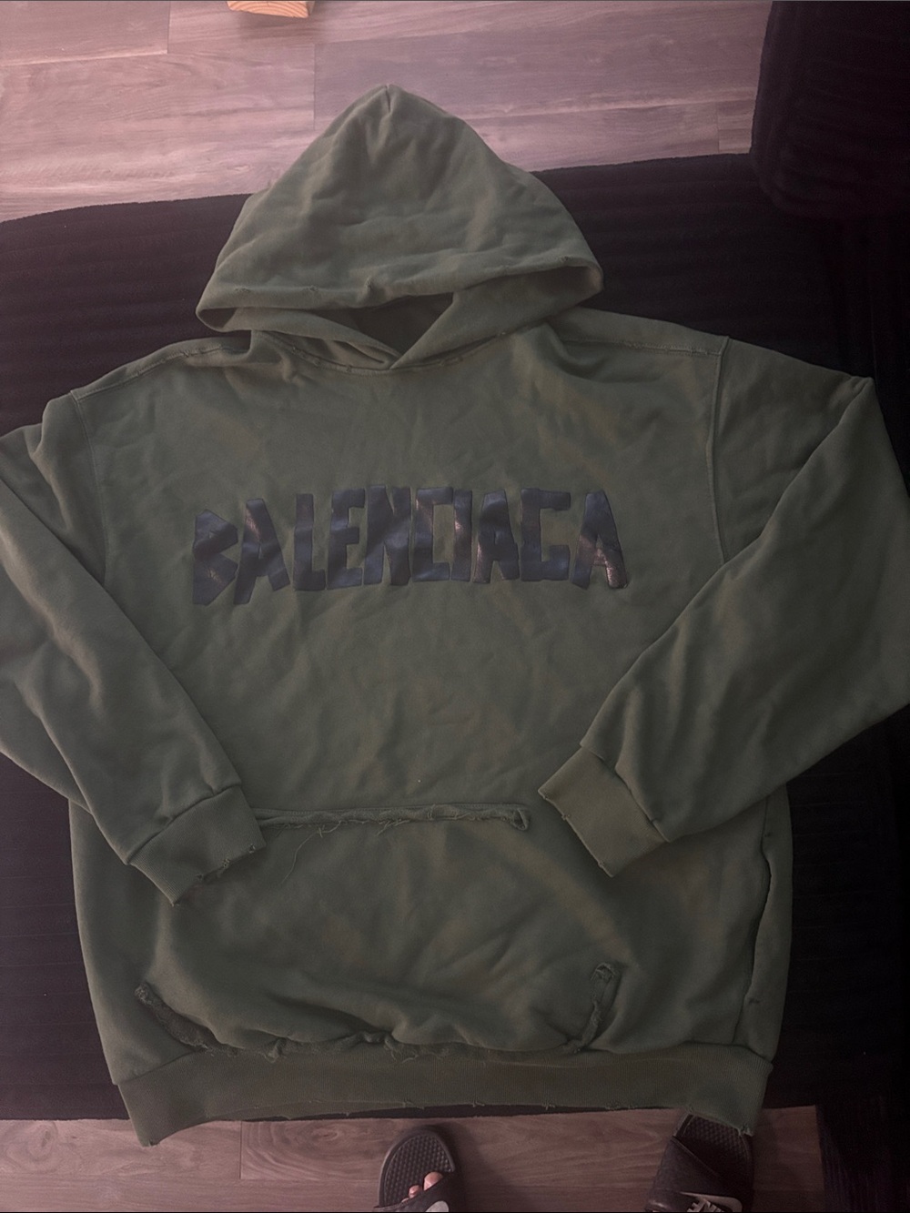 Balenciaga Olive Green Distressed Logo Hoodie